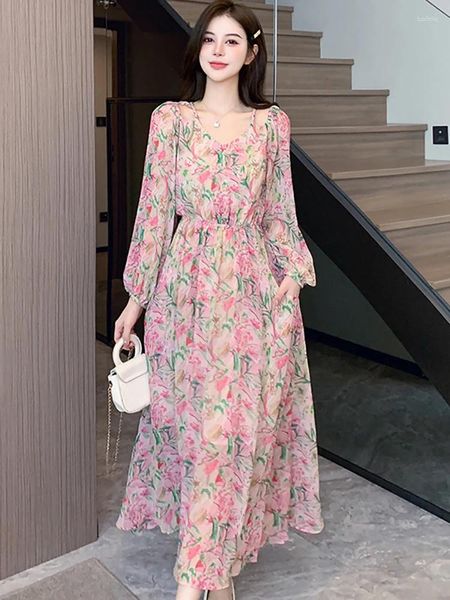 Повседневные платья, весна-осень, розовое шифоновое пляжное длинное платье с цветочным принтом, женское шикарное облегающее платье с повязками, 2023, корейское элегантное роскошное платье для выпускного вечера