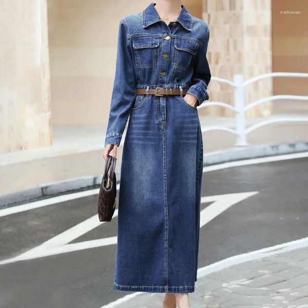 Casual Kleider Blau Denim Kleid Frau Gürtel Midi Jeans Hemd 2023 Herbst Elegante Lange Für Frauen Hülse Split