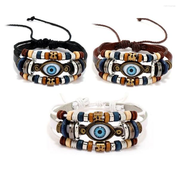 Strand Hippie Design Leder Seil Auge Armband Braun Mehrschichtige Kuh Gewebte Perlen Verstellbarer Schmuck Großhandel