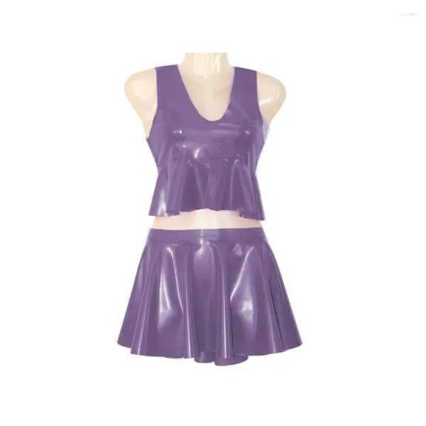 Arbeitskleider Sexy Tank Top und Falten Minirock Anzug Outfit PVC Lederröcke Schwimmen Strand Vestidos Club Damen Zwei Peice Sets 7XL