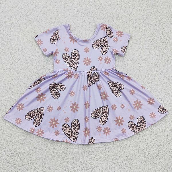 Kız Elbiseler Bebek Sevgililer Günü Dress Mor Kısa Kollu Leopar Kalp Çiçek Çocuk Çocuk Bebek Toptan Toddler Çiçek Giysileri