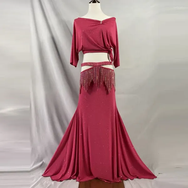 Сценическая одежда, женский комплект для танца живота с бриллиантовыми кисточками и большой юбкой-качалкой, восточный бордовый костюм с v-образным вырезом, настройка костюма