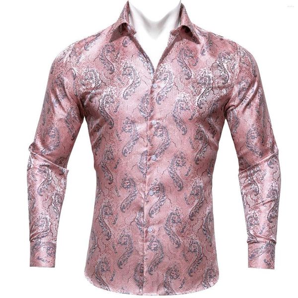 Camisas casuais masculinas Barry.wang seda para homens requintados colarinho floral rosa de coleira longa de manga comprida FIT Party Wedding Cy-0419