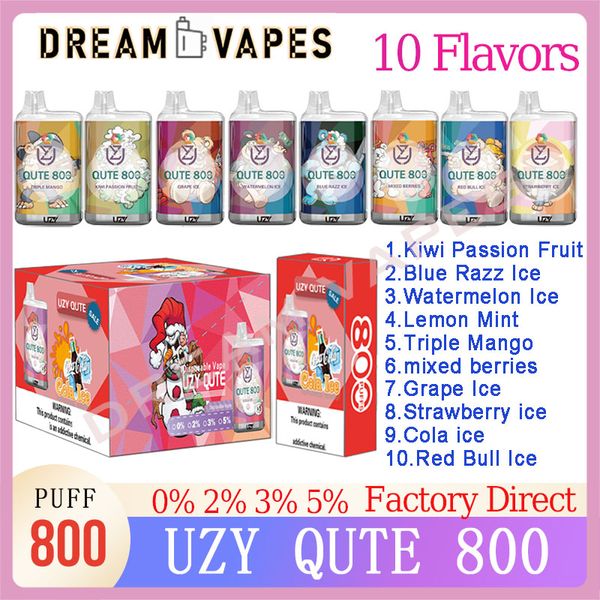 Original UZY Qute 800 Puff Einweg-E-Zigaretten-Pod, 1,2 Ohm Mesh-Spule, 3-ml-Pod, 550-mAh-Akku, RGB-Licht-Vape-Stift, Puff Plus 800 0% 2% 3% 5% Kit