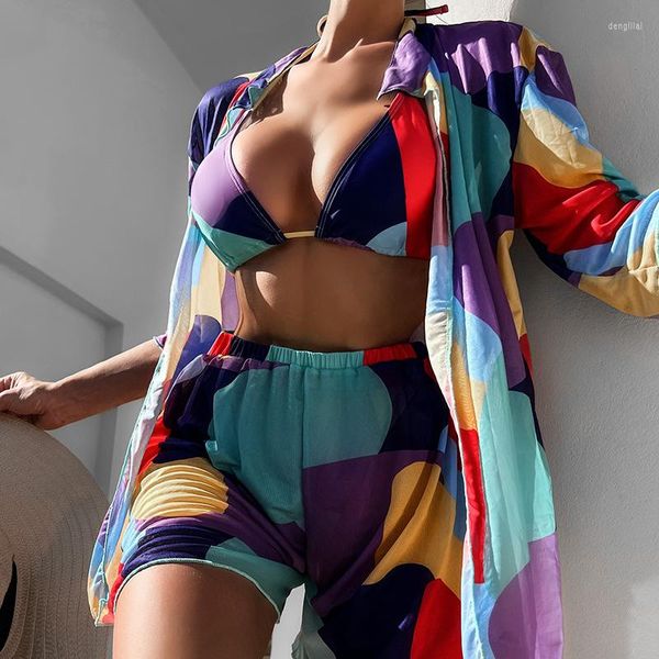 Costumi da bagno da donna Summer Beach Tessuto in chiffon stampato Mezzo nodo Manica Protezione solare Tuta Colore patchwork Set di quattro pezzi