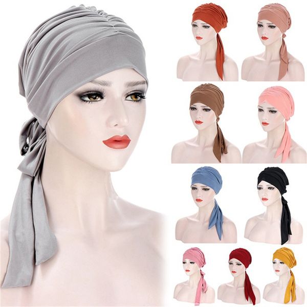 Hijabs Muslimische Frauen Stretch Solide Falten Turban Hut Krebs Chemo Beanies Caps PreTied Schal Headwear Headwrap Plated Hair Accessoires 230426