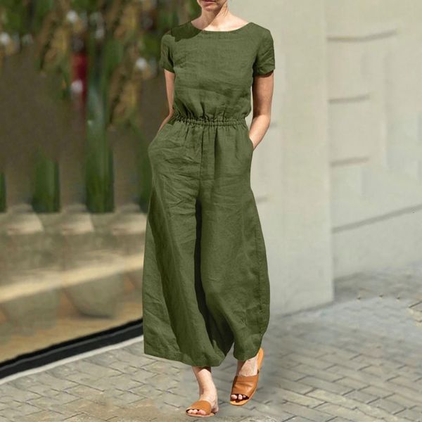 Damen Jumpsuits Strampler Frauen Jumpsuit Kurze Ärmel Solide Baumwolle Leinen Sommer Lose Weites Bein Lady Strampler Kleidung Dress-up Kleidung Hosen Jumpsuit 230426