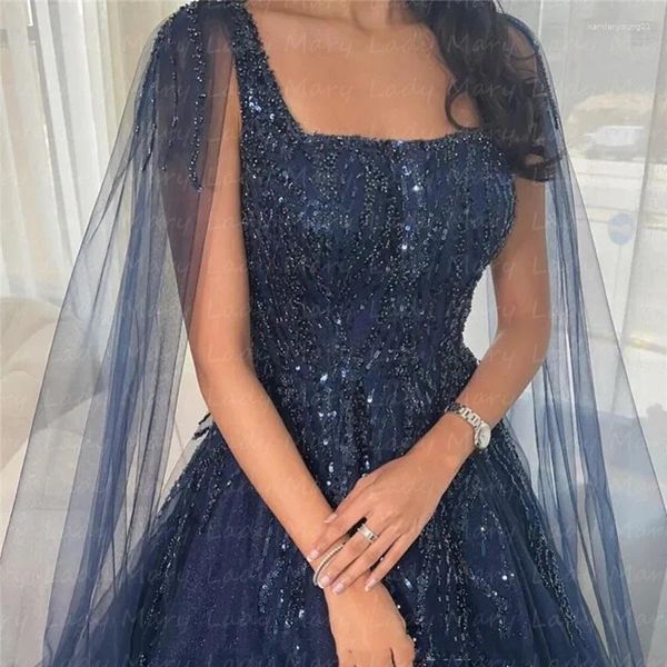 Partykleider Lady Mary Marineblau Frauen Abend Tüll Cape Dubai Arabisch Brautkleider Sparkly Formelle Anlässe Vestidos de Novia