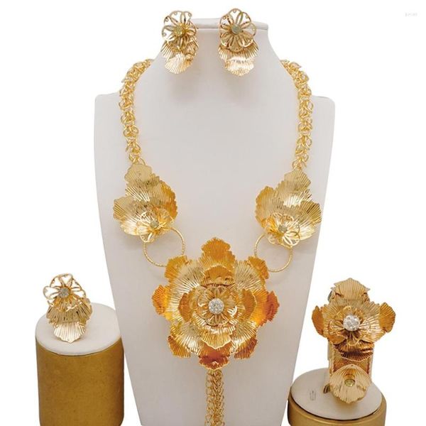 Orecchini di collana set africana Donna grande 18k oro a lungo design di fiori con pietra