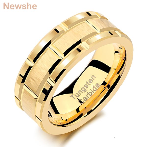 Solitärring sie Herren Wolframkarbid 8mm Gelbgold Farbe Ziegelsteinmuster Gebürstete Bänder Für Ihn Hochzeitsschmuck Größe 913 230425