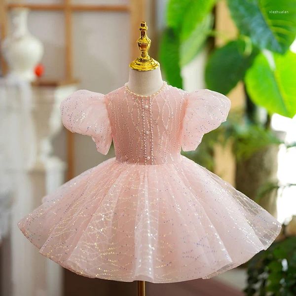 Abiti da ragazza Baby Bow Princess Abito vintage Tulle Bambini Vestido Paillettes Clother Bambini Festa di nozze Compleanno Tutu Bling