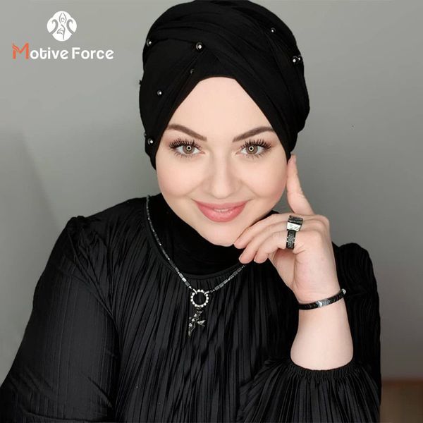 Hijabs Мусульманская модная жемчужная черная модальная хиджаб поднятие абая хиджаб для женщины Абаяс Джерси Главная Шарф Платье Женские турбанс турбан 230426