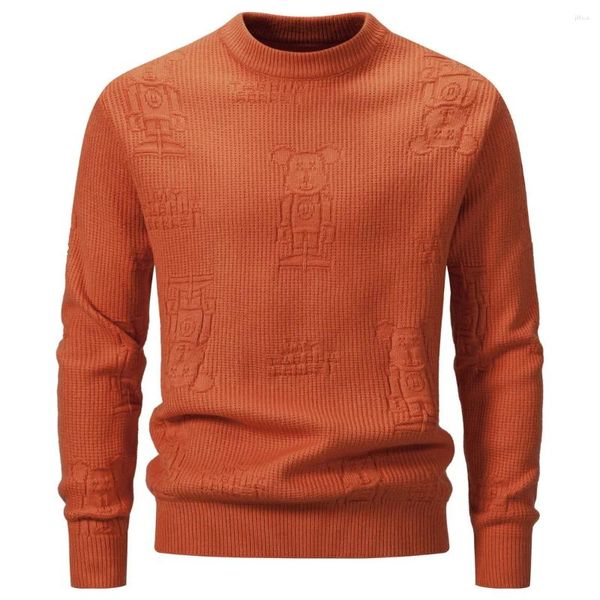 Мужские свитера, приталенный вязаный оранжевый свитер с медведем для мужчин, пуловер с круглым вырезом, нижняя часть, мужская простая повседневная универсальная одежда