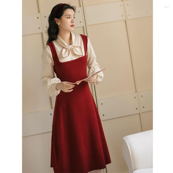 Lässige Kleider Adrette Gestrickt Für Frauen Rot Französisch Retro Pullover Vestidos Chic Lady Korean Einteiliges Kleid Herbstkleidung