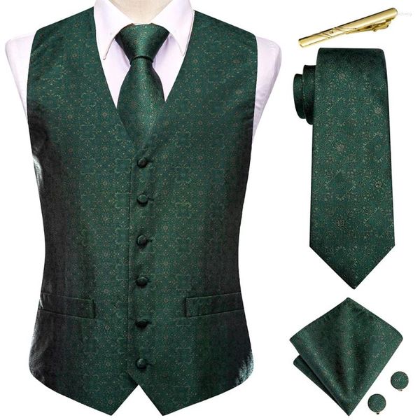 Coletes masculinos clássico masculino verde escuro gravata de seda conjunto sem mangas colete ocidental jaqueta gravata lenço abotoaduras negócios de casamento hi-tie