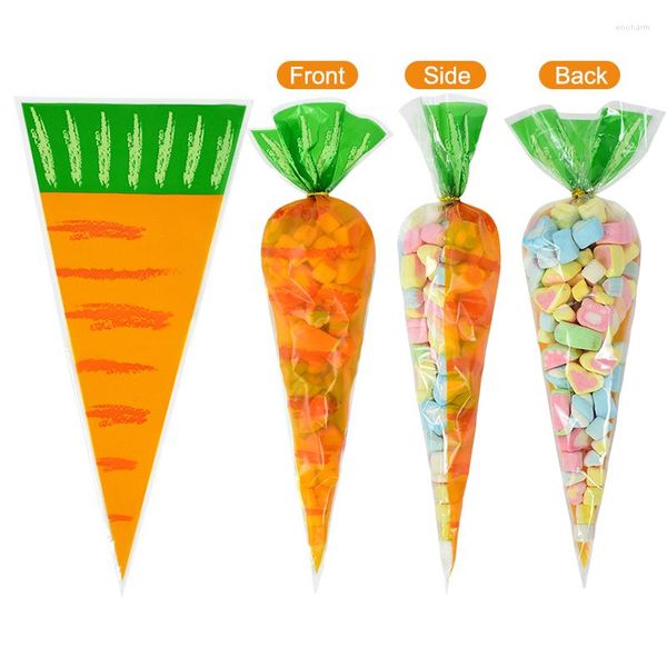 Bolsa de presente 25/50pcs Bolsa de Páscoa Happy Cenoura Candy Cones Transprant Plastic Kids Birthday