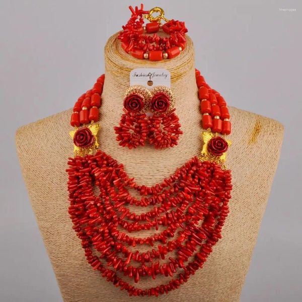 Collana Orecchini Set Sposa nigeriana Abito da sposa Accessori Corallo rosso Ramo frammentato Gioielli da donna africana XK-45