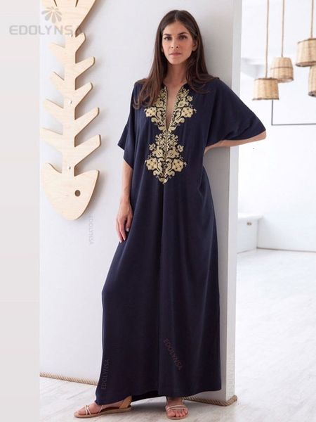 A moda de banho feminina elegante e elegante e bordada de manga curta desgaste maxi vestido de kaftan túnica azul feminina use maiô