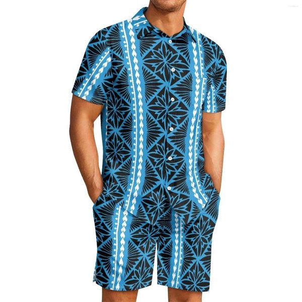 Herren-Trainingsanzüge, Polynesian Tribal Tongan Totem Tattoo Tonga-Drucke, Herrenstil, Revers, bequem, atmungsaktiv, Kurzarm-Shorts, blauer Sportanzug