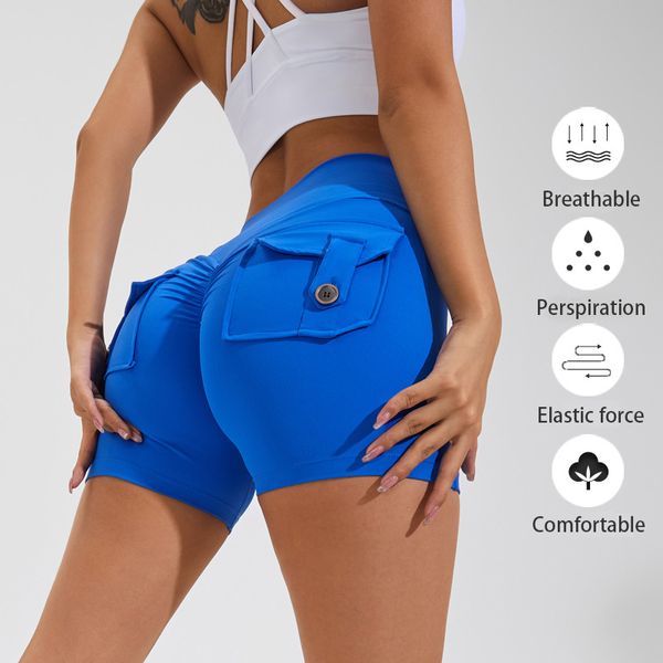 Shorts de fitness esportam calças de ioga no verão feminino de pêssego bolso bolso de bolso de altura na faixa de levantamento de levantamento de ioga seca calças