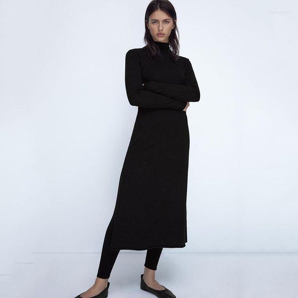 Vestidos casuais 2023 Mulheres de outono Vestido de malha preto designer de moda longa para mulheres elegantes Simplee Slim Bodycon Roupas Pullover