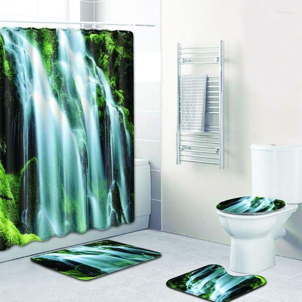 Tapetes de banho cortina de chuveiro de poliéster estampada em cascata banheiro à prova d'água com 10 ganchos tapete de pedestal tampa capa de vaso sanitário conjunto de tapete