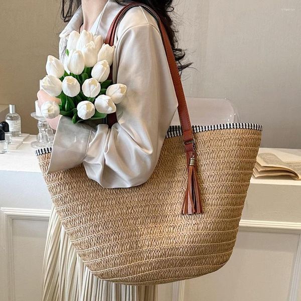 Bolsas de bolsas de noite para bolsas tecidas à mão, borlas de papel borda de tecelagem de saco de axila, moda casual portátil casual portátil para férias à beira-mar