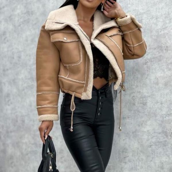 2023 jaquetas femininas moda feminina jaqueta de couro falso recortado topos velo inverno quente manga longa casaco lapela zip up outwear com bolsos