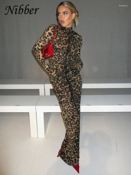 Vestidos casuais nibber leopardo impressão sexy maxi vestido mulheres elegante magro manga cheia fit feminino evenng partywear baile bodycon vestidos