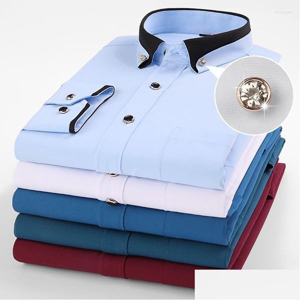 Camisas de vestido masculinas Mens Luxo Camisa Social Sólida Branco Preto Manga Longa Primavera e Outono Moda Jantar Casamento Noite Homens Drop Otfsw