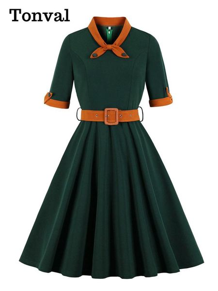 Kleid Tonval Grüner Kontrast Bug Hals und Manschette Vintage Gürtelkleid halbe Ärmel Herbst Frauen Fit und Flare Retro Swing Kleider