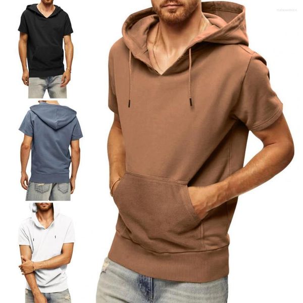 Herren T-Shirts Herren Hoodie T-Shirt Kurzarm Kordelzug Sommer Fronttasche Sweatshirt Einfarbiges Sport T-Shirt mit Kapuze