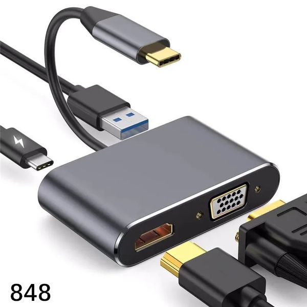 848D USB-C para HDTV VGA USB3.0 TIPO C PD 4 em 1 Adaptador de alta velocidade 4K 60Hz Suporte de resolução para tablet MacBook