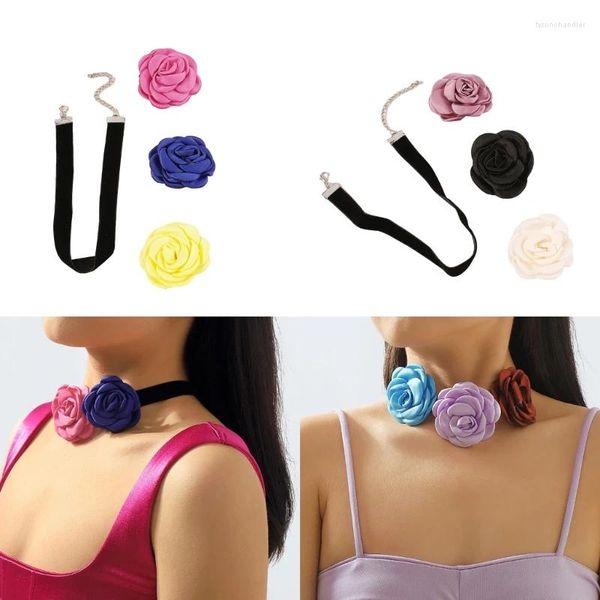 Catene Collana girocollo in tessuto morbido con fiori per donne Ragazze Catena con collo a rosa Cravatte alla moda Regalo di gioielli alla moda