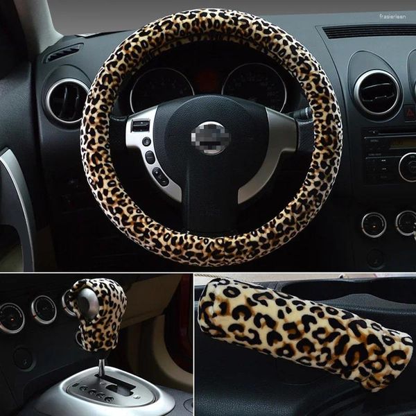 Capas de volante 3 pçs/set leopardo capa protetor de mudança de engrenagem envoltório do freio de mão universal inverno decoração do carro acessórios interiores
