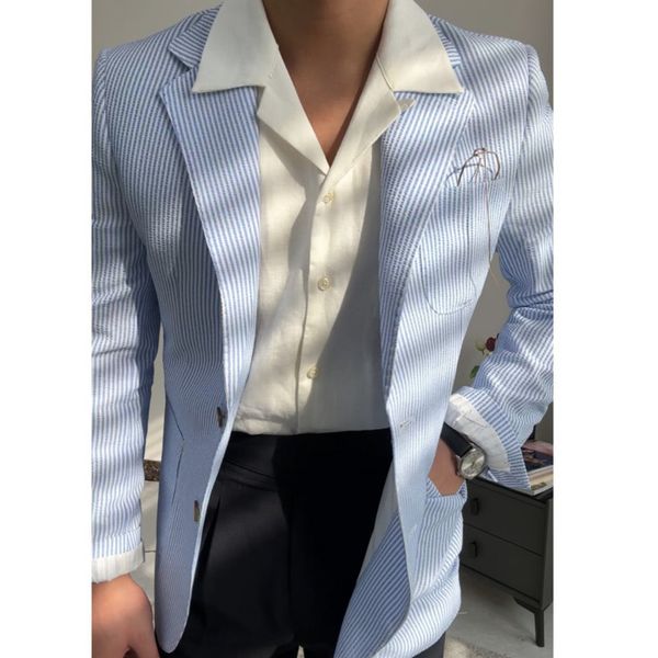 Ternos masculinos Blazers 2023 Verão fino lazer azul listrado Seersucker British Gentry Business Tuxedos Slim Fit Groom 230427