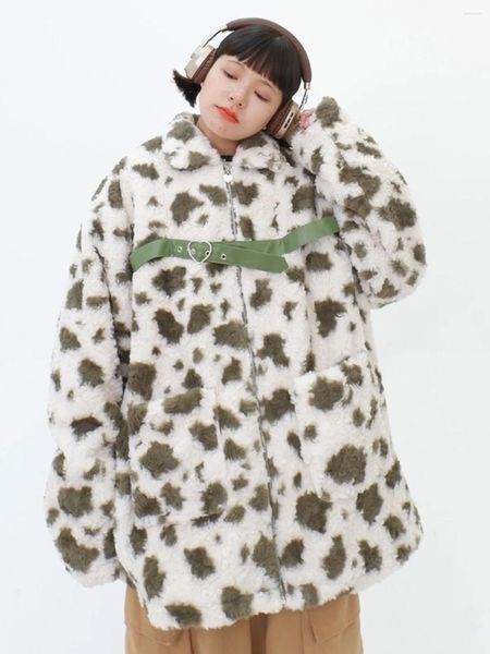 Casacos de trincheira femininos leopardo impressão tie tingido cordeiro cashmere jaqueta de algodão para mulheres em 2023 inverno solto encaixe bf doce legal engrossado