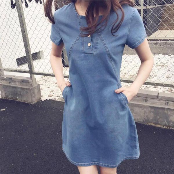 Sıradan Elbiseler 6 Boyutlar Şık Kadın Bayanlar Jean Mini Elbise Polyester Denim Sokak Giyim için Kırışmaya Dayanıklı