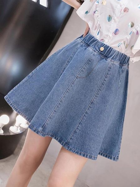 Vestidos jmprs verão mulheres jeans mini -saia grande tamanho alto jeans coreano de moda solta uma linha azul algodão senhoras s saias s 5xl