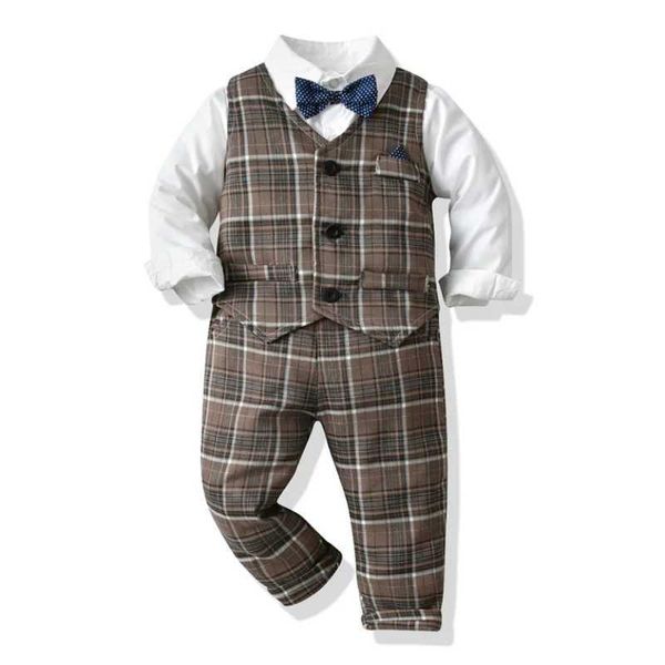 Conjuntos de roupas primavera outono bebê menino cavalheiro terno camisa azul com gravata + colete xadrez + calças formais crianças roupas conjunto vestido de festa de casamento