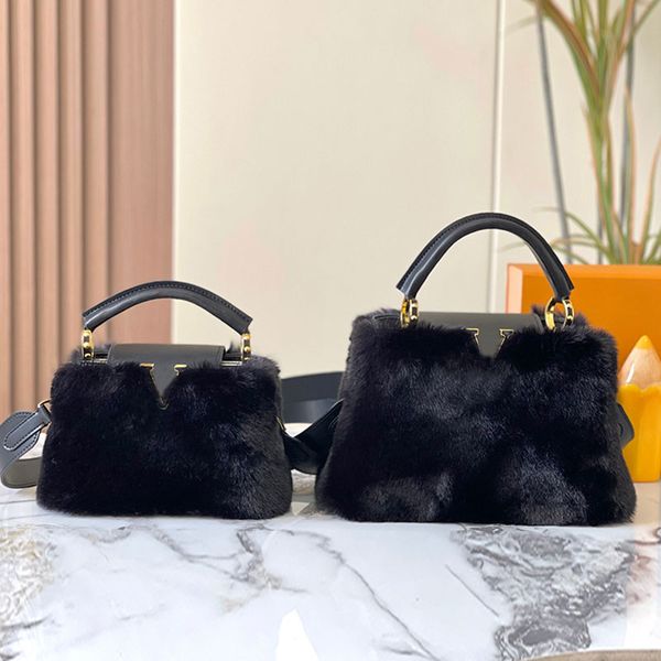 Kabarık Tote Çanta Kadın Tasarımcı Mink Kürk Omuz Çantası Moda Donanım Mektubu Toka Cowhide Deri Çanta Crossbody Alışveriş Torbası Üst kaliteli torba kış stili