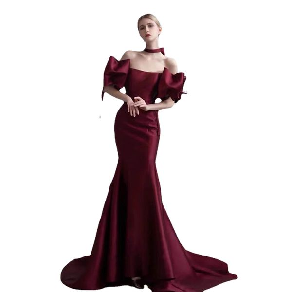 JEHETH Elegante Burgund Satin Lange Meerjungfrau Abendkleider Große Schleife Ärmel Partykleid Trägerloser Rücken Schnürung Formelle Frauen