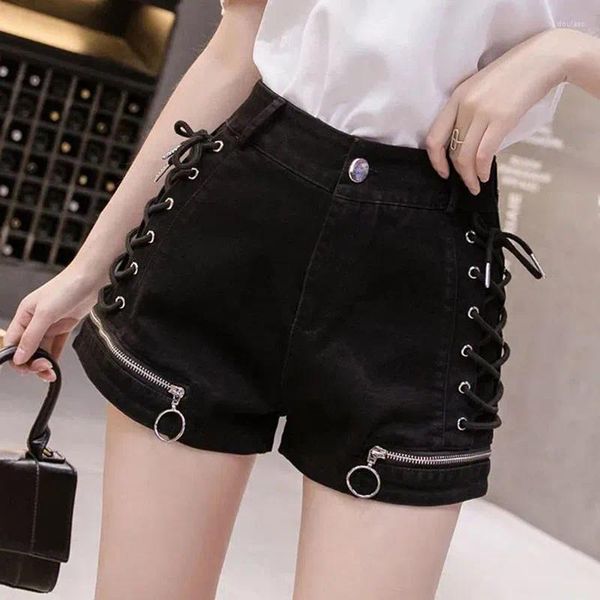Женские шорты, сексуальные обтягивающие джинсовые шорты для женщин, лето 2023, корейские брюки с высокой талией на шнуровке и молнией, черные женские клубные широкие брюки в стиле Харадзюку