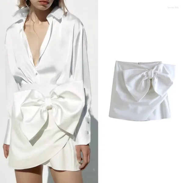 Saias vintage branco cetim arco mini mulheres cintura alta bainha split moda 2023 elegante mujer faldas