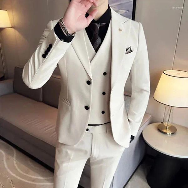 Мужские костюмы 2024, деловой однотонный тонкий костюм, двубортный жилет, платье, пиджаки, пальто, жилет, брюки