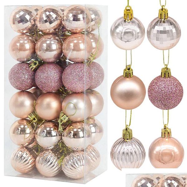 Decoraciones navideñas 36 piezas Bolas de plástico de oro rosa Adorno 4 cm Colgar bola colgante Año interior Decoración del árbol de Navidad Decoración del hogar 22091 Dhhqh