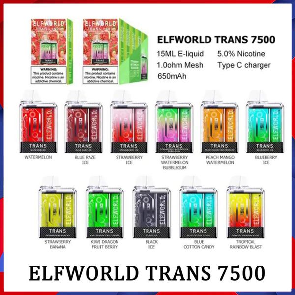 Original Elfworld 7500 Vape Pod E Cigarro 15ml Tanques Vape Descartáveis 7500 puffs Pod 650mAh Bateria Recarregável Tipo-C Bobina de Malha de Carga