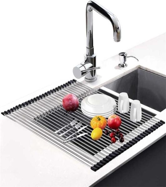 Enrole o rack de secagem de prato dobrável multiuso escorredores à prova de ferrugem sobre pia para acessórios de cozinha organizador bandeja do banheiro 2201252165729