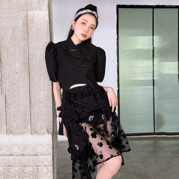 Saias 2023 Moda Mulheres Mulheres Verão Verão Irregular Black estilo coreano Lace Patchwork 3D Flowers Street High Salia