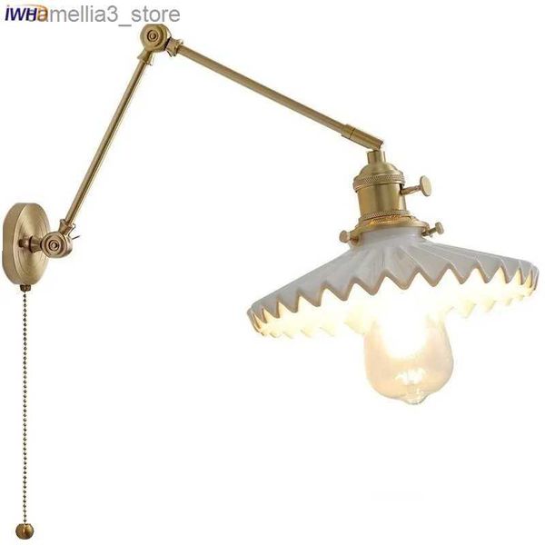 Lâmpadas de parede IWHD Pull Chain Switch LED Lâmpada de parede ao lado de branco Cerâmica Cobre Long Arm Stair Light Nordic Modern Wandlamp Applique Murale Q231127